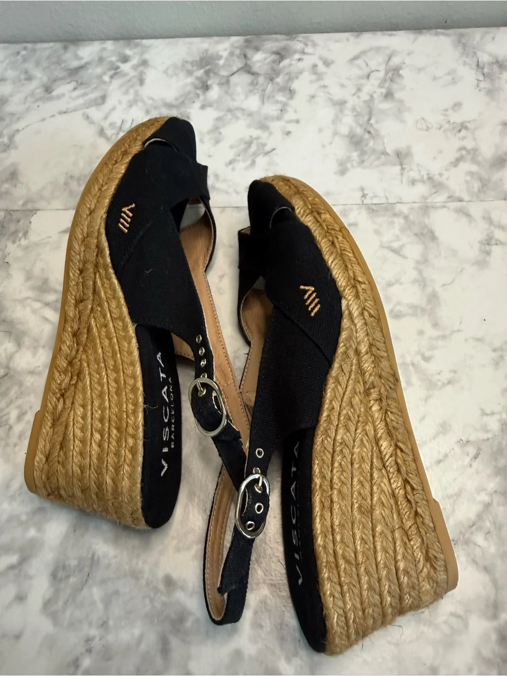 Viscata Barcelona Black Crisscross Espadrille Wedge Sandals Sz 8 1/2 made Spain